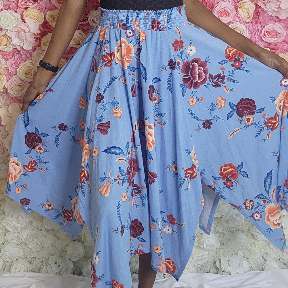 Blue Floral Handkerchief Hem Skirt